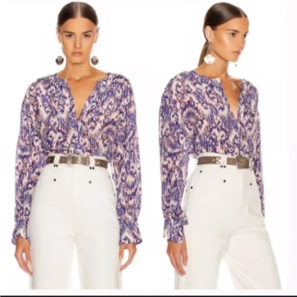 Isabel Marant Étoile yacah Blouse SilkFeather Print Ikat Purple Size 40 (M) - Picture 3 of 13